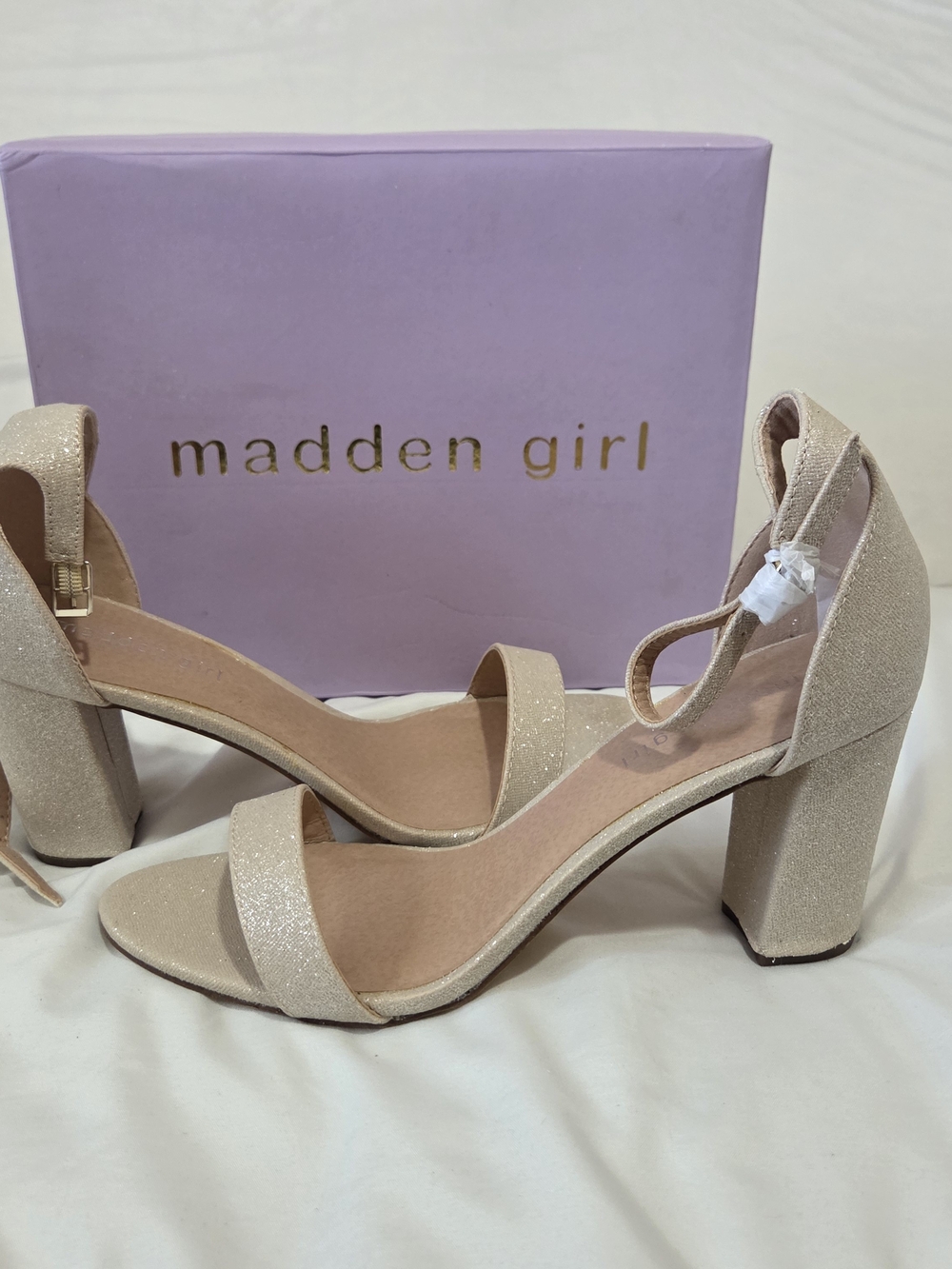 Madden Girl Glittery Ankle-Strap Block Heels - Light Champagne